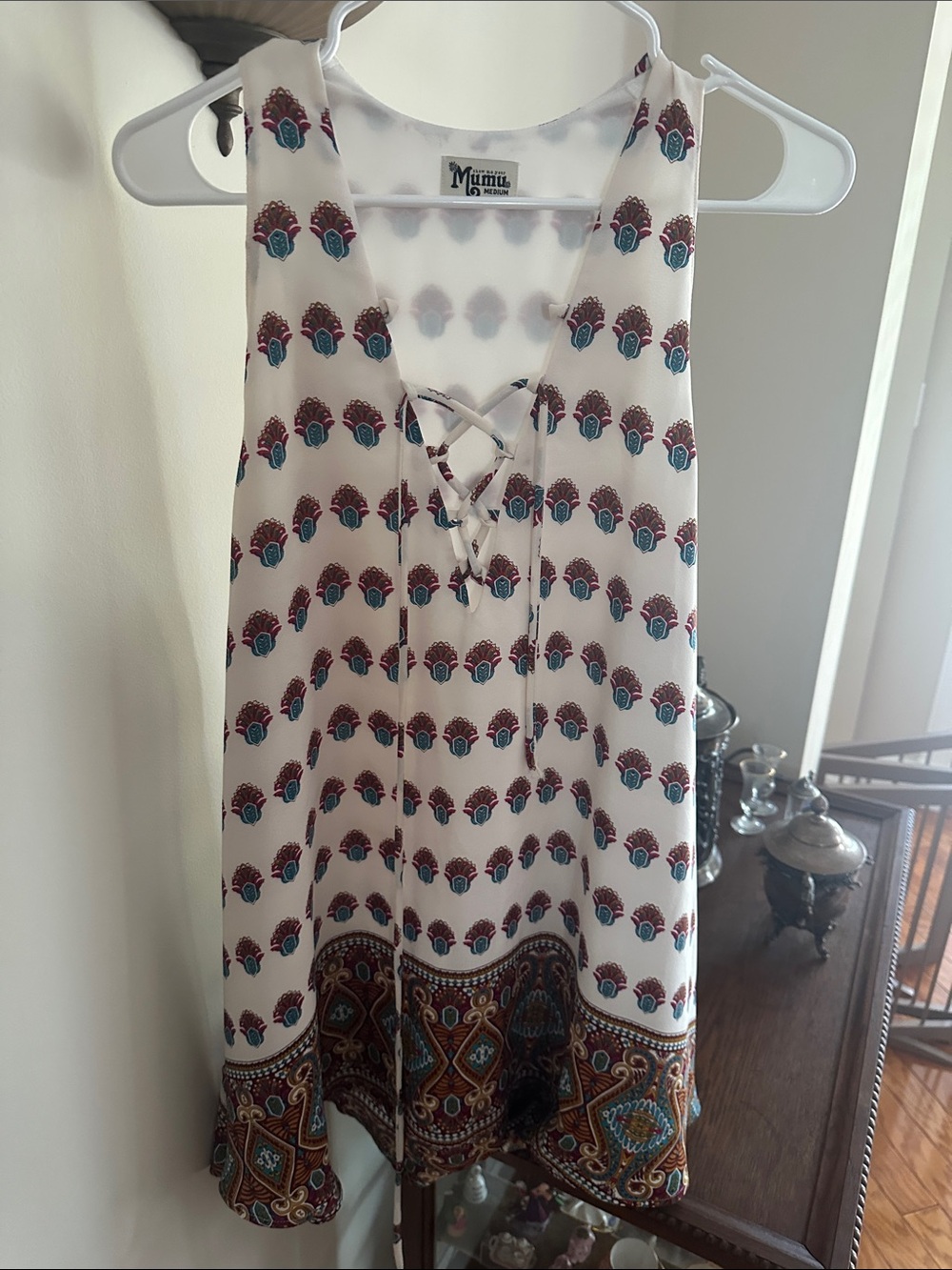 Show Me Your Mumu White short dress with Faded Mauve and Dusty Teal Dots